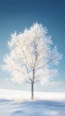 Wall Mural - a beautiful tree, covered in snow, stands alone in the snowy field against a blue sky