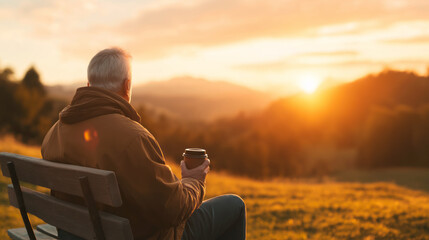 Elderly man enjoying a serene sunrise in nature