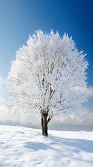 Wall Mural - a beautiful tree, covered in snow, stands alone in the snowy field against a blue sky