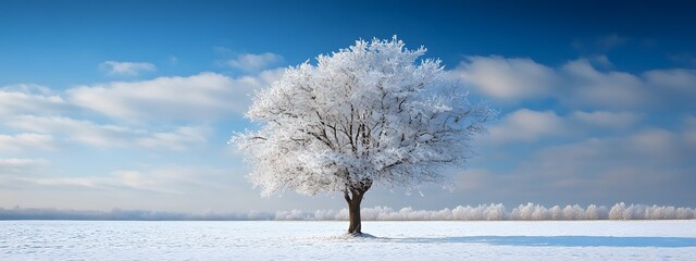 Wall Mural - a beautiful tree, covered in snow, stands alone in the snowy field against a blue sky