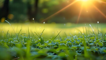 Wall Mural - Closeup of vibrant green grass illuminated by summer sunshine, showcasing natures beauty in a lush meadow during a serene outdoor sunrise