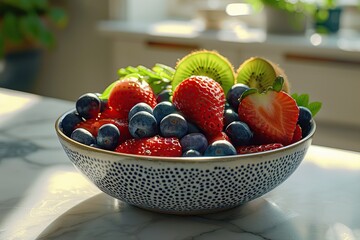 Wall Mural - Fresh Fruit Salad in a Blue Bowl