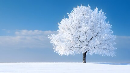 Wall Mural - a beautiful tree, covered in snow, stands alone in the snowy field against a blue sky