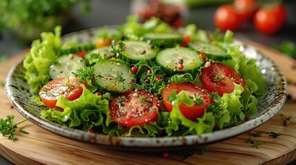 Wall Mural - Fresh Green Salad with Tomatoes and Cucumber