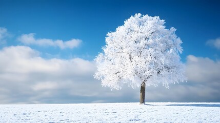 Wall Mural - a beautiful tree, covered in snow, stands alone in the snowy field against a blue sky