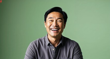 Joyful middleaged Asian man with short black hair wearing casual shirt on plain green background