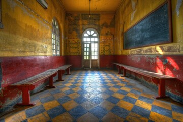 A room with a checkered floor and two benches, suitable for educational or corporate settings