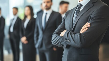 Business professionals standing in row, business suits, confident posture