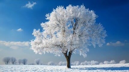 Wall Mural - a beautiful tree, covered in snow, stands alone in the snowy field against a blue sky