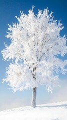 Wall Mural - a beautiful tree, covered in snow, stands alone in the snowy field against a blue sky