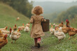 © Neon_Drop - A little girl in overalls carries an old bucket and leans out of it, chickens peck at the ground nearby, grassy meadow background.