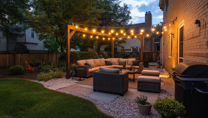 Beautiful garden patio with outdoor furniture and string lights at night, with a cozy living room in the background.