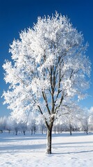 Wall Mural - a beautiful tree, covered in snow, stands alone in the snowy field against a blue sky