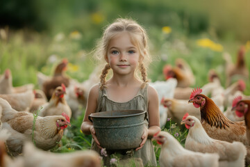 A little girl in overalls carries an old bucket and leans out of it, chickens peck at the ground nearby, grassy meadow background.