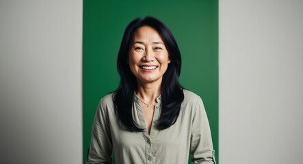 Wall Mural - Smiling middleaged Asian woman with long black hair wearing casual dress on plain green background