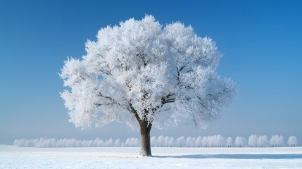 Wall Mural - a beautiful tree, covered in snow, stands alone in the snowy field against a blue sky