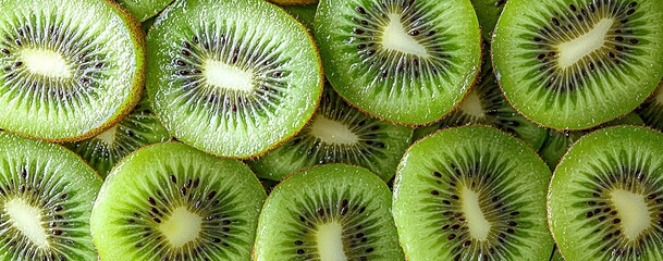 Wall Mural - Sliced kiwi fruit arranged in a vibrant, close-up display.