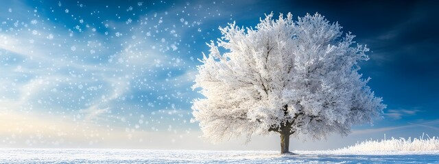 Wall Mural - a beautiful tree, covered in snow, stands alone in the snowy field against a blue sky