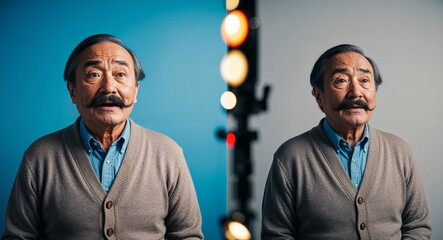 Wall Mural - Surprised elderly Asian man with mustache wearing sweater on plain pink background