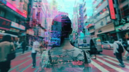 A person standing alone in the middle of a busy street, surrounded by traffic and people walking by