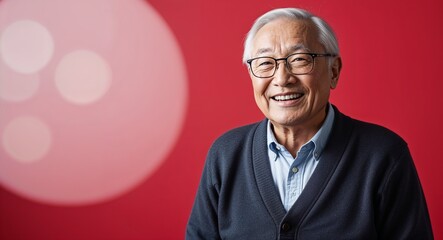 Wall Mural - Cheerful elderly Asian man with glasses wearing cardigan on plain red background