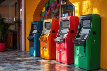 Four colorful atm machines standing in a row outside a building