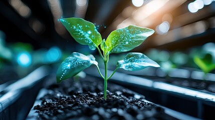 Wall Mural - A young green plant in a high-tech greenhouse with a futuristic digital display, showcasing smart farming analytics.