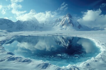 Deep blue frozen lake reflecting snow capped mountain range