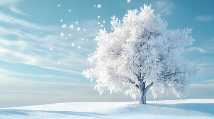 Wall Mural - a beautiful tree, covered in snow, stands alone in the snowy field against a blue sky