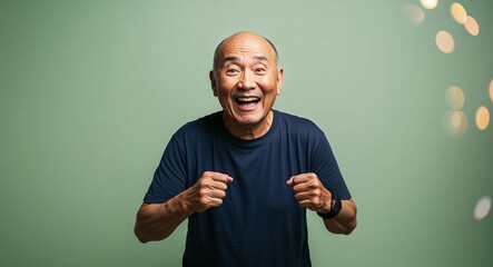 Wall Mural - Excited elderly Asian man with bald head wearing tshirt on plain light green background