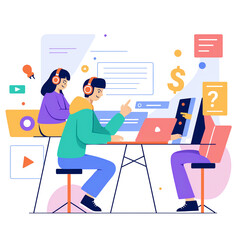Teamwork develop social media content vector illustration. Cartoon flat tiny developer designer people team working on creative webpage, news portal or information website. Web development background