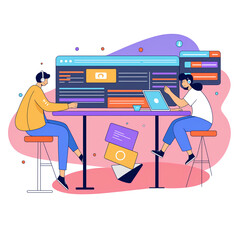 Teamwork develop social media content vector illustration. Cartoon flat tiny developer designer people team working on creative webpage, news portal or information website. Web development background