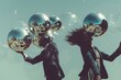 © Alena - Two individuals wearing disco ball headpieces, a fun and playful concept