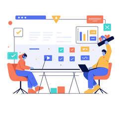 Teamwork develop social media content vector illustration. Cartoon flat tiny developer designer people team working on creative webpage, news portal or information website. Web development background