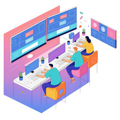 Teamwork develop social media content vector illustration. Cartoon flat tiny developer designer people team working on creative webpage, news portal or information website. Web development background