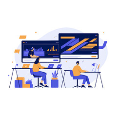 Teamwork develop social media content vector illustration. Cartoon flat tiny developer designer people team working on creative webpage, news portal or information website. Web development background