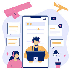 Teamwork develop social media content vector illustration. Cartoon flat tiny developer designer people team working on creative webpage, news portal or information website. Web development background