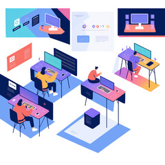 Teamwork develop social media content vector illustration. Cartoon flat tiny developer designer people team working on creative webpage, news portal or information website. Web development background