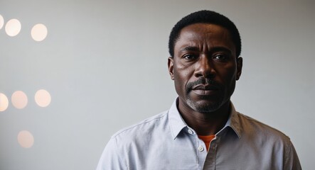 Wall Mural - Focused middleaged Black man with short hair wearing casual shirt on plain white background