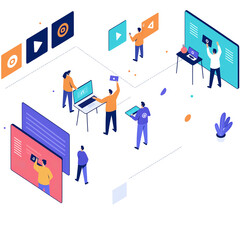 Teamwork develop social media content vector illustration. Cartoon flat tiny developer designer people team working on creative webpage, news portal or information website. Web development background