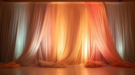 An elegant stage setup features soft, flowing drapes in pastel colors, gently illuminated by soft lighting from behind. The warm glow creates a romantic and intimate atmosphere, enhancing the 