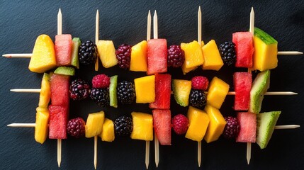 Poster - Multiple skewers stacked with juicy slices of fresh fruit like mango, berries, and watermelon, arranged on a sleek black surface.