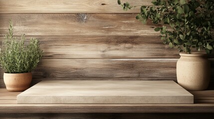 Aufkleber - Beige Tabletop on Wooden Panels. Modern Studio Mockup for Products