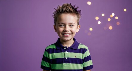 Wall Mural - Happy young Caucasian boy with spiky hair wearing polo shirt on plain purple background