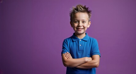 Wall Mural - Happy young Caucasian boy with spiky hair wearing polo shirt on plain purple background