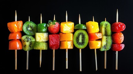 Tasty skewers full of different fruits, with vibrant colors like orange, red, and green standing out against a black background.