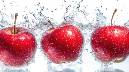 Sticker - Three bright red apples splashing into clear water, droplets frozen in motion, all against a clean white backdrop.