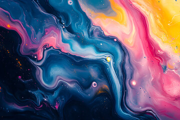 A mesmerizing image of liquid acrylic paints mixing, the vibrant colors creating marbled patterns in a fluid art style.