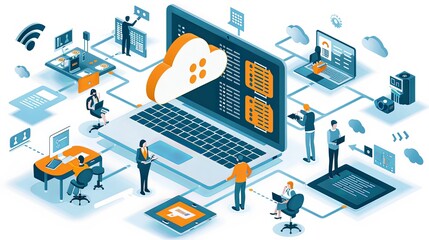 Abstract illustration showcasing cloud computing technology with a central laptop and various connected devices, symbolizing global connectivity and data exchange.