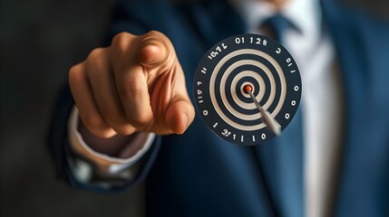 Dartboard with arrow to success concept, businessman showing virtual icon for success and growth of business, challenge in business, financial, investment, social media, digital marketing online.